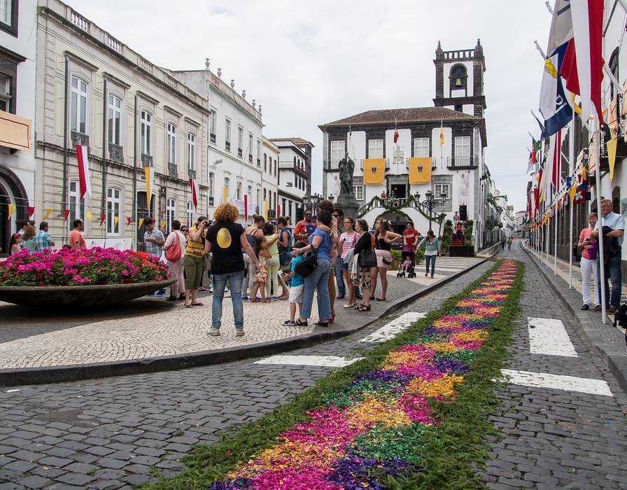 Street decorated for Festivities of the Holy Spirit.<br />July 14, 2013 - Ponta Delgada, Sao Miguel, Azores, Portugal.