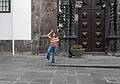 Miranda doing her yoga poses in front of the church.<br />Matriz Square.<br />July 14, 2013 - Ponta Delgada, Sao Miguel, Azores, Portugal.