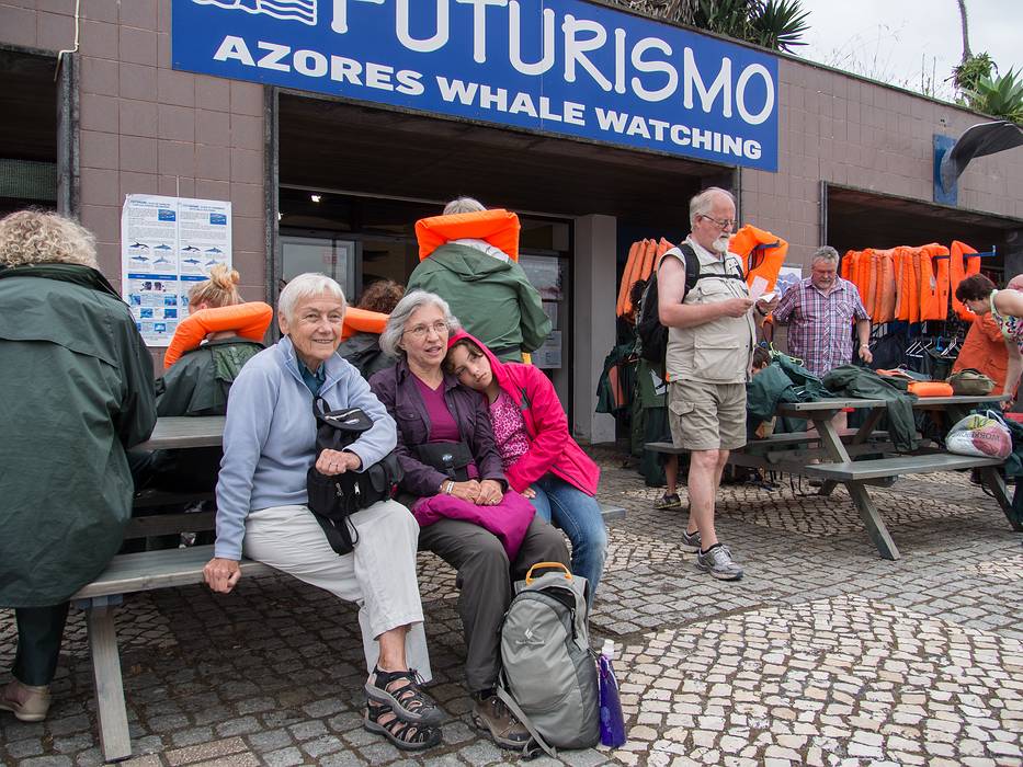 Baiba, Joyce, and Melody waiting for the departure of our whale watch boat.<br />July 15, 2013 - Ponta Delgada, Sao Miguel, Azores, Portugal.