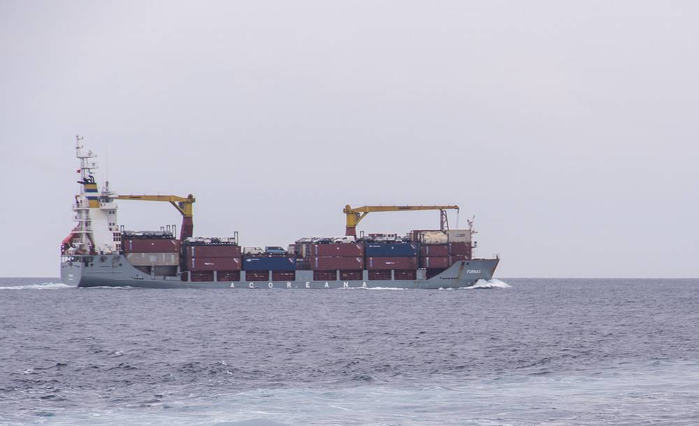 A container ship.<br />July 15, 2013 - On whale watch boat out of Ponta Delgada, Sao Miguel, Azores, Portugal.