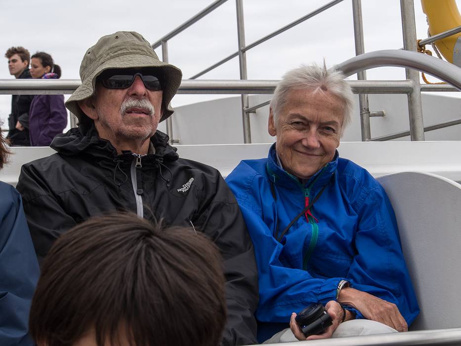 Ronnie and Baiba.<br />July 15, 2013 - On whale watch boat out of Ponta Delgada, Sao Miguel, Azores, Portugal.