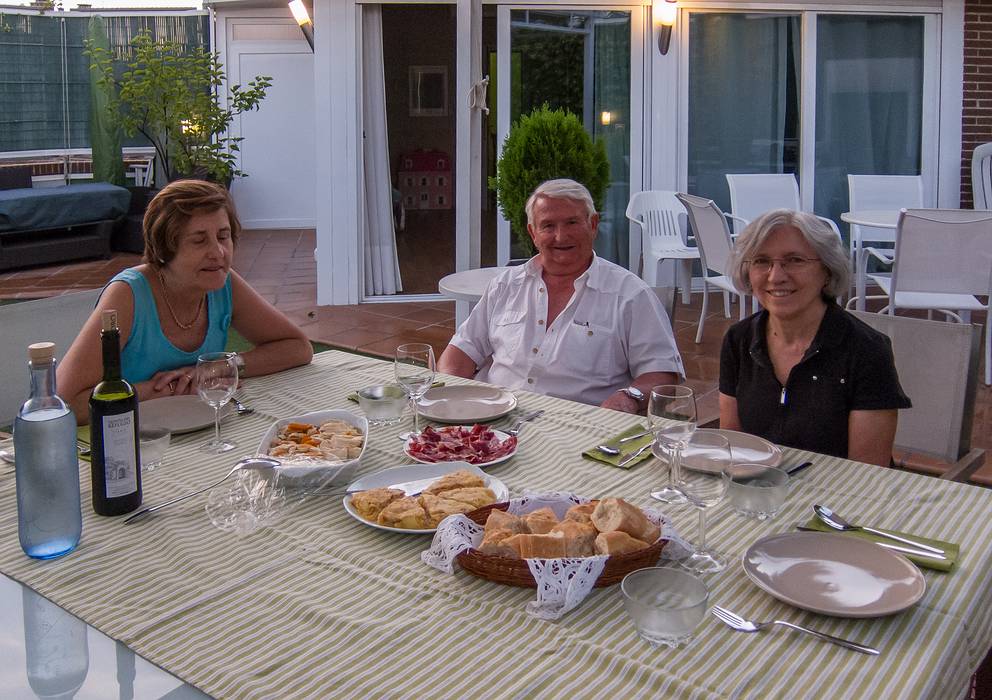 Asunción, Salvador, and Joyce at supper on their rooftop patio.<br />July 3, 2013 - At Salvador and Asunción's in Madrid, Spain.