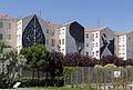Painted apartment buildings along the park.<br />July 8, 2013 - Madrid Rio Park, Madrid, Spain.