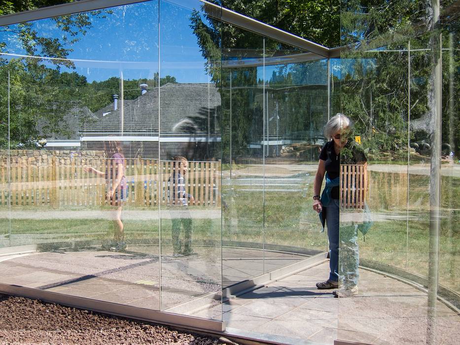 Miranda, Matthew, and Joyce.<br />Dam Graham: 'Crazy Spheroid: Two Entrances', 2 way mirror glass, stainless steel..<br />August 24, 2013 - DeCordova Museum, Lincoln, Massachusetts.