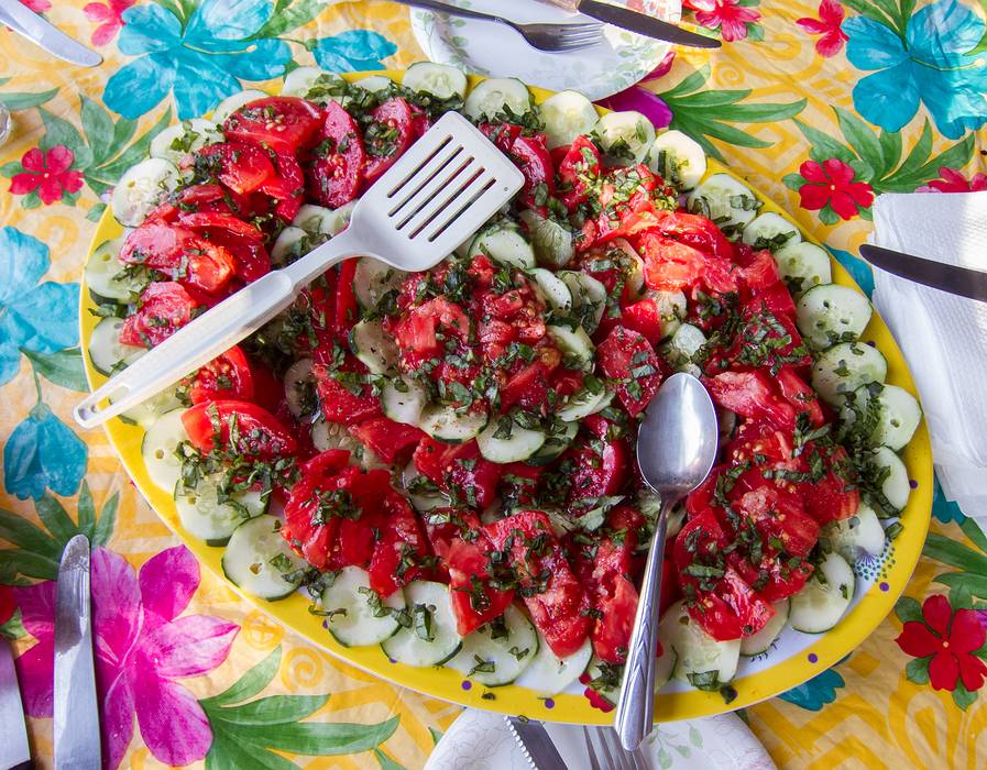Salad with Paul's cucumbers and tomatoes.<br />August 25, 2013 - At Marie's in Lawrence, Massachusetts.