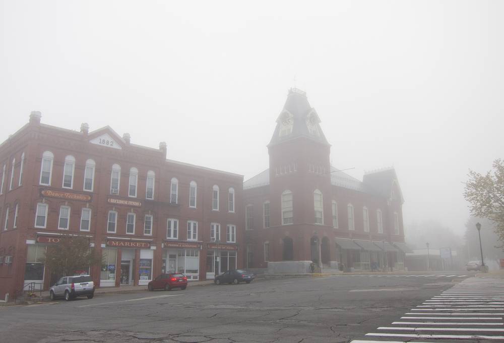 Galant building and Town Hall.<br />A foggy Sunday morning.<br />Sep. 29, 2013 - Merrimac, Massachusetts.
