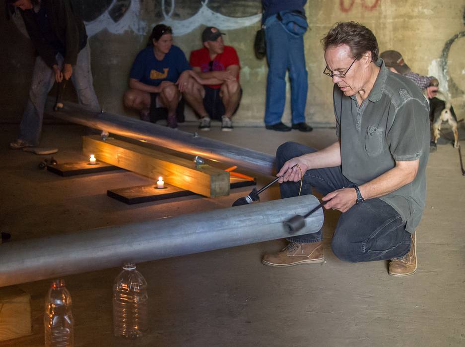 Jay Havighusrt performing on his installation in the root cellar.<br />Sep. 29, 2013 - Maudslay State Park, Newburyport, Massachusetts.
