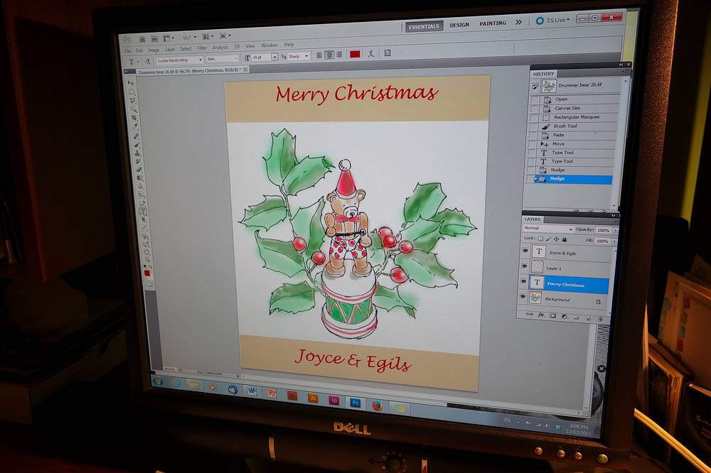 Christmas card that Joyce is working on.<br />First shot with my new Sony RX-100M2 camera.<br />Dec 17, 2013 - Merrimac, Massachusetts.
