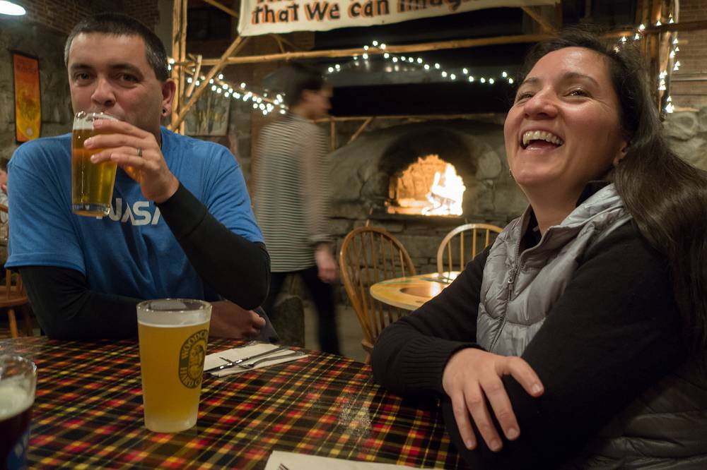 Sati and Melody, visiting from California.<br />Dec. 23, 2013 - Flatbread Pizza Restaurant, Amesbury, Massachusetts.