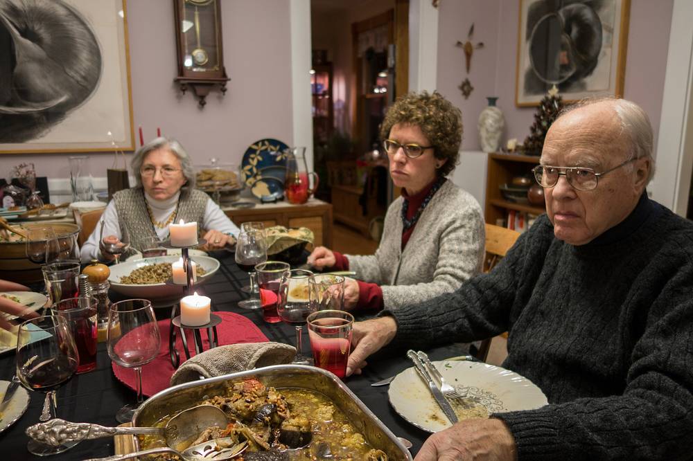 Joyce, Bonnie, and John listening to Melody and Sati's stories.<br />Dec. 24, 2013 - Merrimac, Massachusetts.