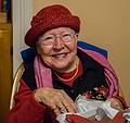 Marie in a red hat (a Chirstmas present).<br />Dec. 25, 2013 - Christmas at Paul and Norma's in Tewksbury, Massachusetts.