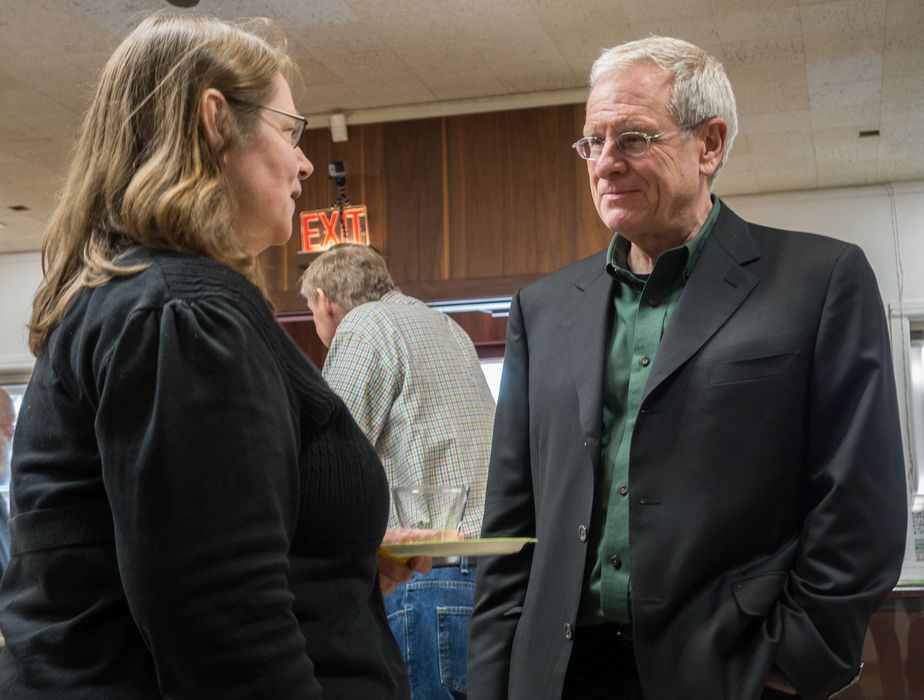Visitor and Lance.<br />Reception for exibit of Lance Hidy's work at the Printing Museum.<br />April 25, 2014 - North Andover, Massachusetts.
