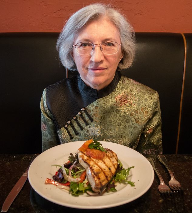 Joyce with her swordfish plate.<br />Celebrating our 30th wedding anniversary.<br />May 5, 2014 - At Joseph's Trattoria Restaurant in Bradford, Massachusetts.
