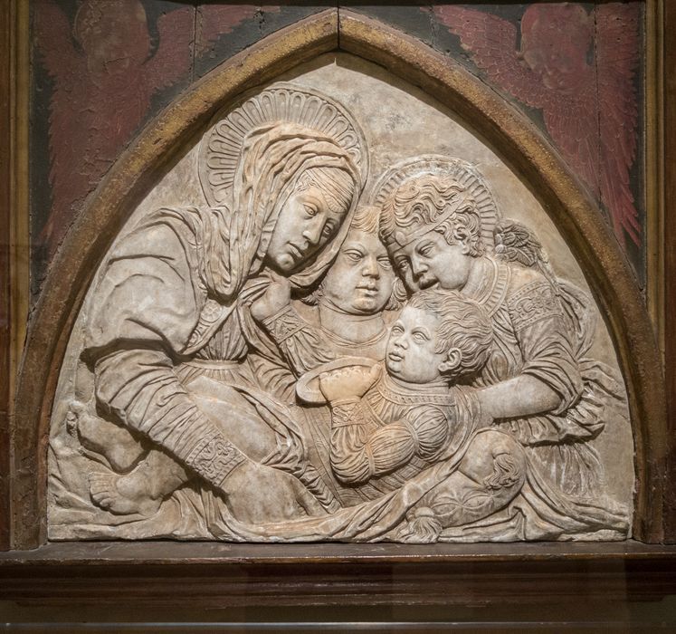 Virgin and Child with angel and Saint John, by Bartolomeo Bellano, about 1470s1480s.<br />May 18, 2014 - Museum of Fine Arts, Boston, Massachusetts.
