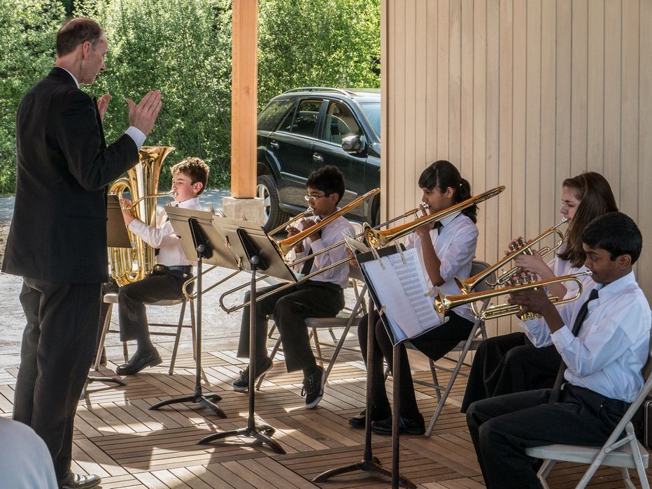 Christopher Baird conducting the Blanchard Brass Ensemble .<br />June 1, 2014 - Nara Park, Acton, Massachusetts.