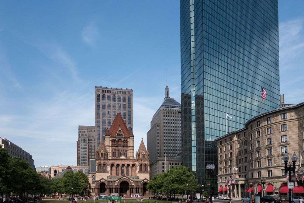 Copley Square from the steps of the Boston Public Library.<br />June 8, 2014 - Boston, Massachusetts.