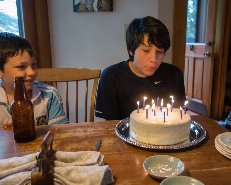 Markús and Guðjón with his 14th birthday cake.<br />July 10, 2014 - Merrimac, Massachusetts.