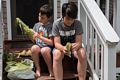 Marks and Gujn shucking corn.<br />July 17, 2014 - Merrimac, Massachusett.