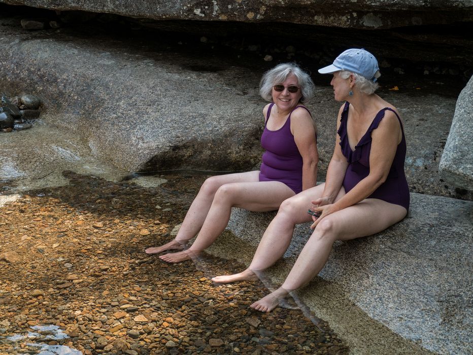 Joyce and Deb chatting.<br />Diana's Baths along Lucy Brook.<br />July 23, 2014 - Bartlett, New Hampshire.