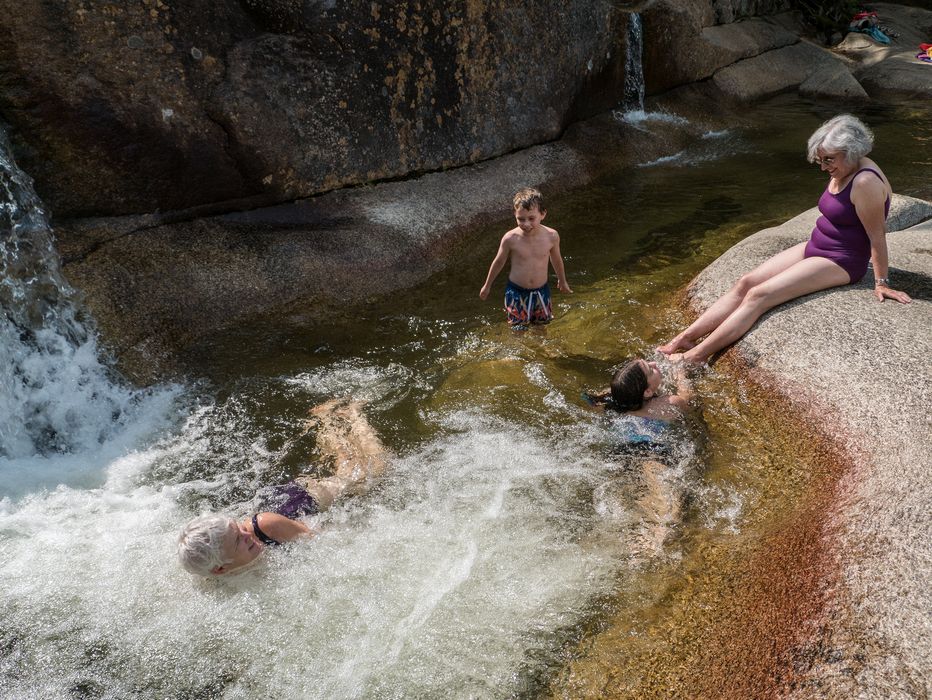 Deb in the whirlpool. with Matthew, Miranda and Joyce.<br />Diana's Baths along Lucy Brook.<br />July 23, 2014 - Bartlett, New Hampshire.