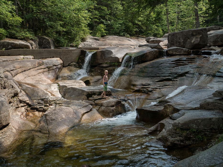 View upstream.<br />Diana's Baths along Lucy Brook.<br />July 23, 2014 - Bartlett, New Hampshire.