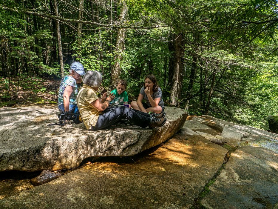 Deb, Joyce, Matthew, and Miranda at lunch along Moat Brook.<br />Hike to Thomson Falls.<br />July 24, 2014 - Hales Location, New Hampshire.