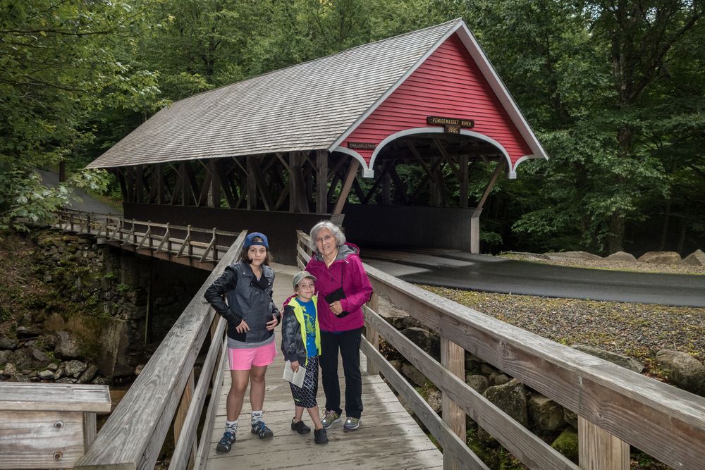 Miranda, Matthew,  and Joyce at bridge over the Pemigewasset River.<br />Aug. 21 - 2014 - The Flume, Franconia Notch, New Hampshire.