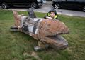 Matthew and shark in front of Northern Embers Restaurant.<br />Aug. 21, 2014 - Twin Mountain, New Hampshire.