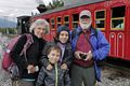 The official photographer got us before boarding.<br />Joyce, Matthew, Miranda, and Egils.<br />Aug. 22, 2014 - Cog Railway, Mount Washington, New Hampshire
