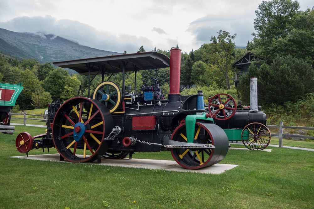Old steam-powered tractors.<br />Aug. 22, 2014 - Cog Railway, Mount Washington, New Hampshire