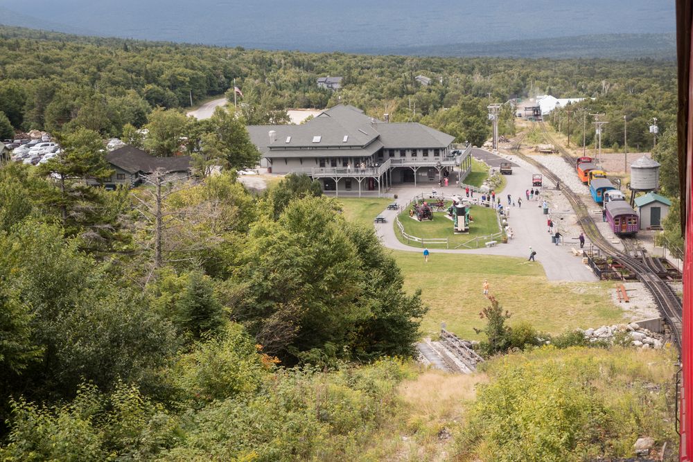 Arriving at the bottom.<br />Aug. 22, 2014 - Cog Railway, Mount Washington, New Hampshire