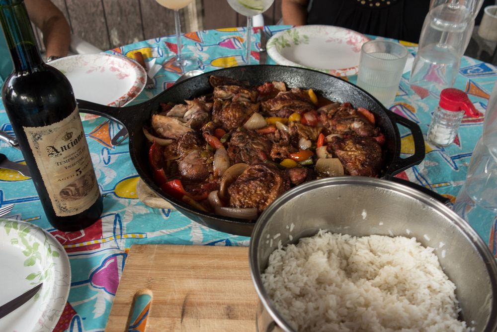 Our meal, grilled by Paul, rice by Joyce? Wine by me.<br />Sept. 5, 2014 - At Marie's in Lawrence, Massachusetts.