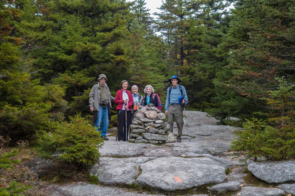 Ronnie, Yoong, Baiba, Joyce, and Bob at first cairn.<br />Hike via West Ridge Trail.<br />Oct. 2, 2014 - Mt. Cardigan, New Hampshire.