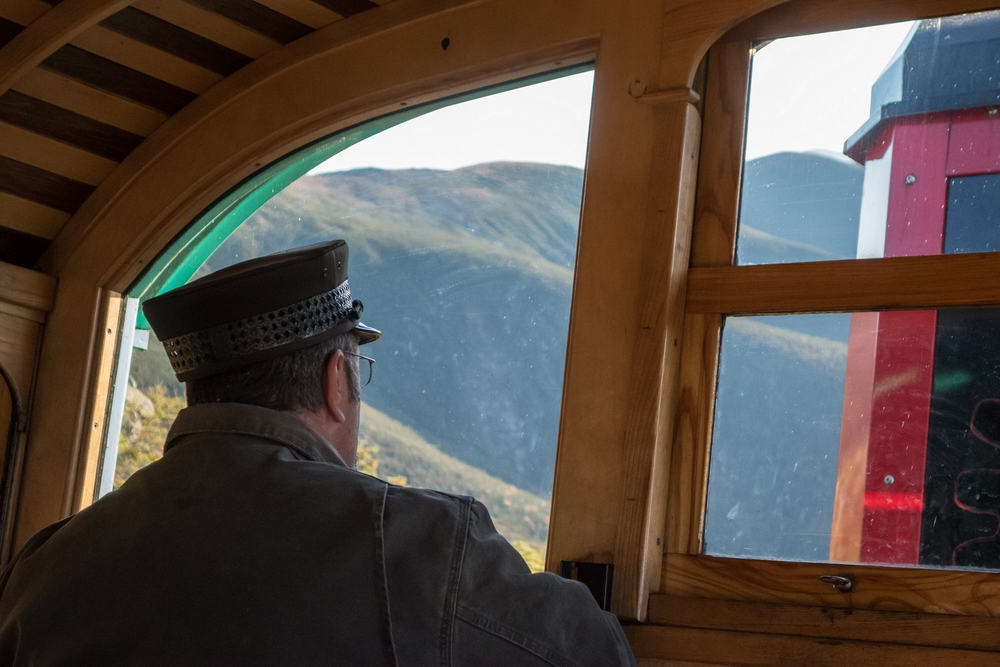 Our conductor, breakman, and guide.<br />Oct. 3, 2014 - On Cog Railway on the way down from Mt. Washington, New Hampshire.