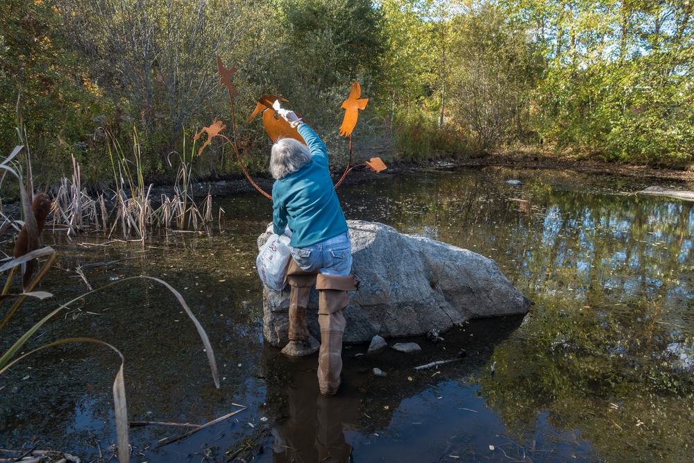 Joyce applying Penetrol to her sculpture after a year of exposure.<br />Oct. 10, 2014 - Nara Park, Acton, Massachusetts.