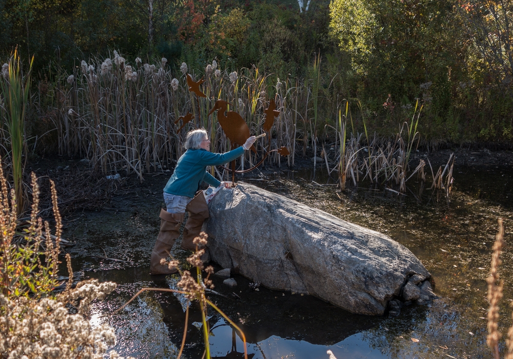 Joyce applying Penetrol to her sculpture after a year of exposure.<br />Oct. 10, 2014 - Nara Park, Acton, Massachusetts.