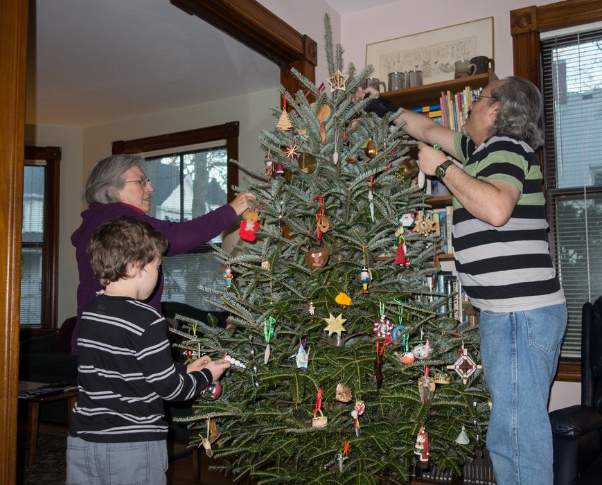 Joyce, Matthew and Carl decorating our Christmas tree.<br />Dec. 14, 2014 - At home in Merrimac, Massachusetts.