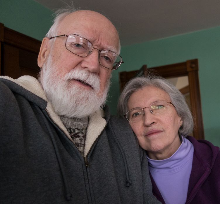 Egils and Joyce trying out the selfie monopod that Carl gave me (Egils).<br />Dec. 28, 2014 - At home in Merrimac, Massachusetts.