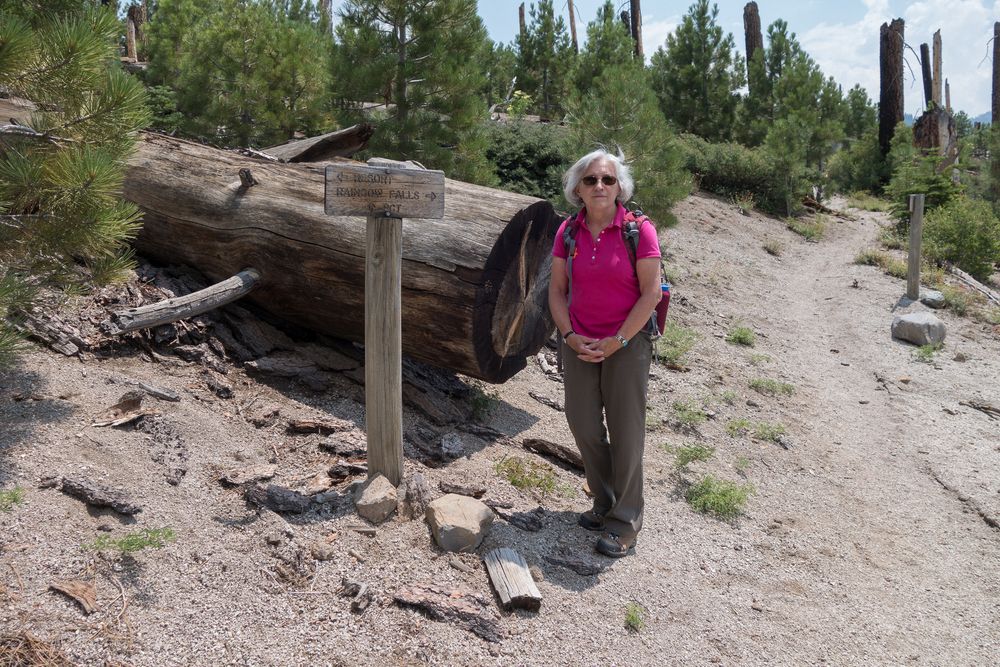 Joyce at junction of Pacific Crest Trail and Rainbow Falls Trail.<br />July 31, 2014 - Near Red's Meadows Resort, near Mammoth Lakes, California.