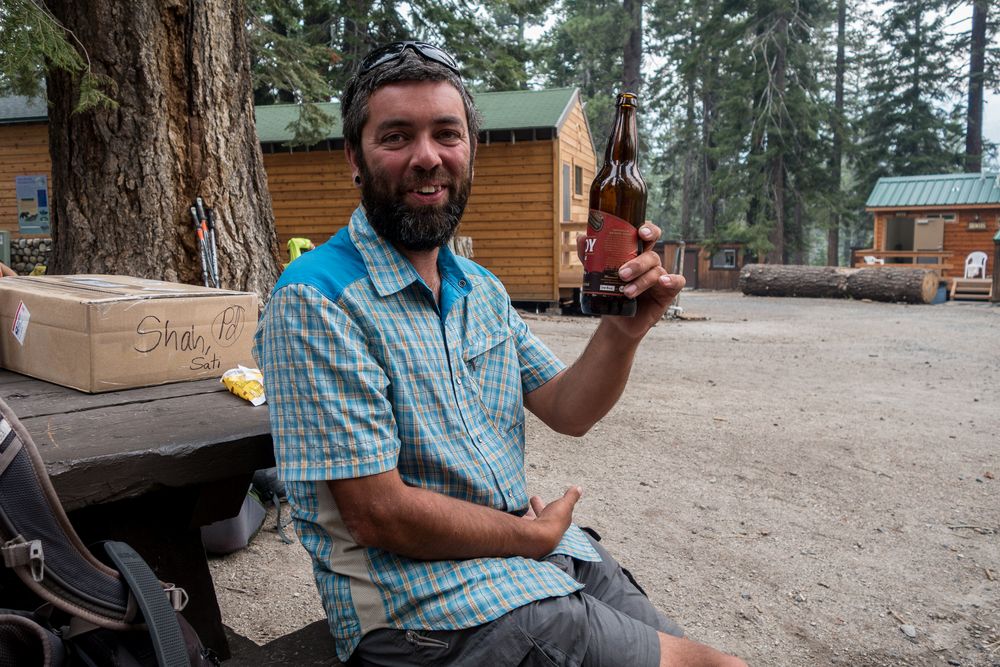 Sati. Beer is the first thing after a long hike.<br />July 31, 2014 - Reds Meadow near Mammoth Lakes, California.