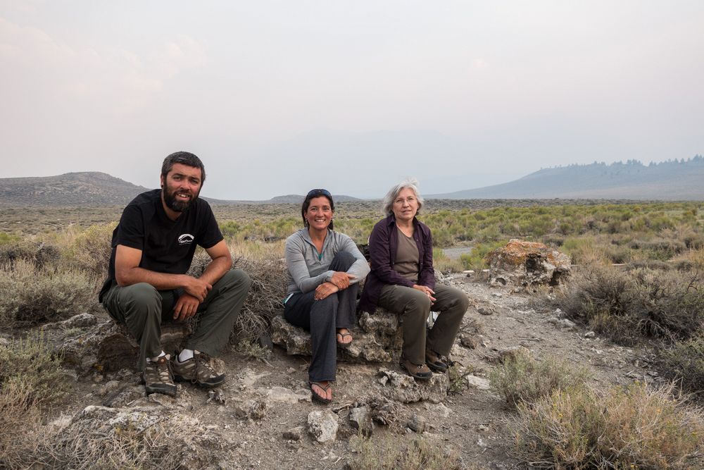 Sati, Melody, and Joyce waiting for the hot spring.<br />Aug. 1, 2014 - Off Whitmore Tubs Rd, Mono County, California.