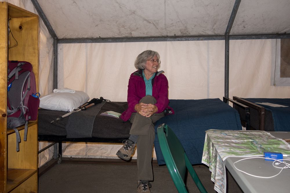 Joyce at our home for the night.<br />Tent at May Lake High Sierra Camp.<br />Aug. 3, 2014 - Yosemite National Park, California.