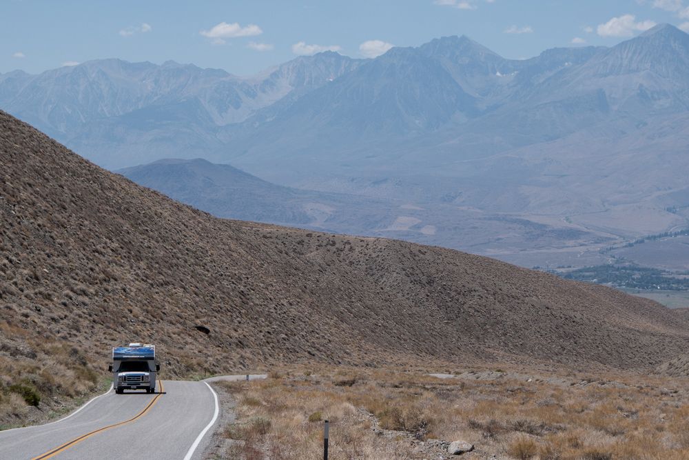 On way to Schulman Grove of bristle cone pines.<br />Aug. 7, 2014 - On CA-168 east of Big Pine, California.