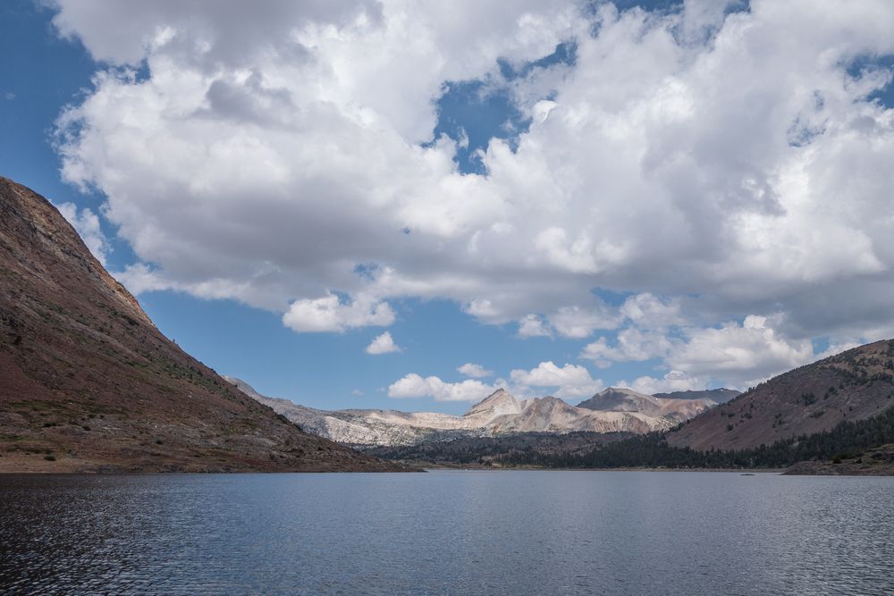 View north while waiting for water taxi to take us to the other side.<br />Aug. 9, 2014 - Saddlebag Lake, Inyo National Forest, California.