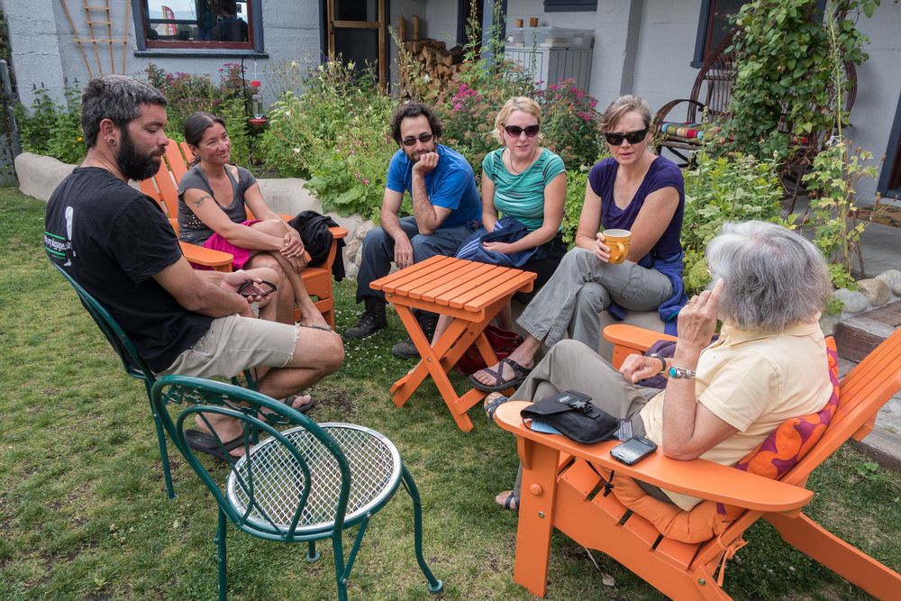 Sati, Melody, Brad, Bonnie, her friend, and Joyce.<br />Aug. 11, 2014 - At the Latte Da in Lee Vining, California.