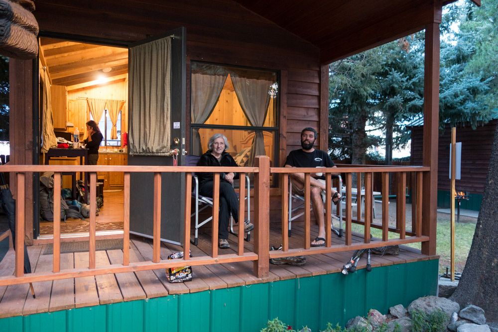 Melody, Joyce, and Sati relaxing at cabin #9.<br />Aug. 11, 2014 - Lee Vining, California.