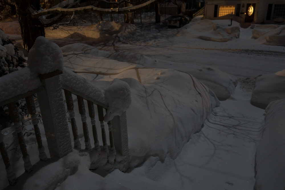 Front of house by moonlight and street light.<br />Feb. 3, 2015 - At home in Merrimac, Massachusetts.