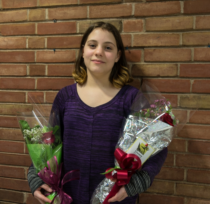 Miranda with flowers.<br />One act play competition.<br />Feb. 6, 2015 - Miscoe Hill School, Mendon, Massachusetts.