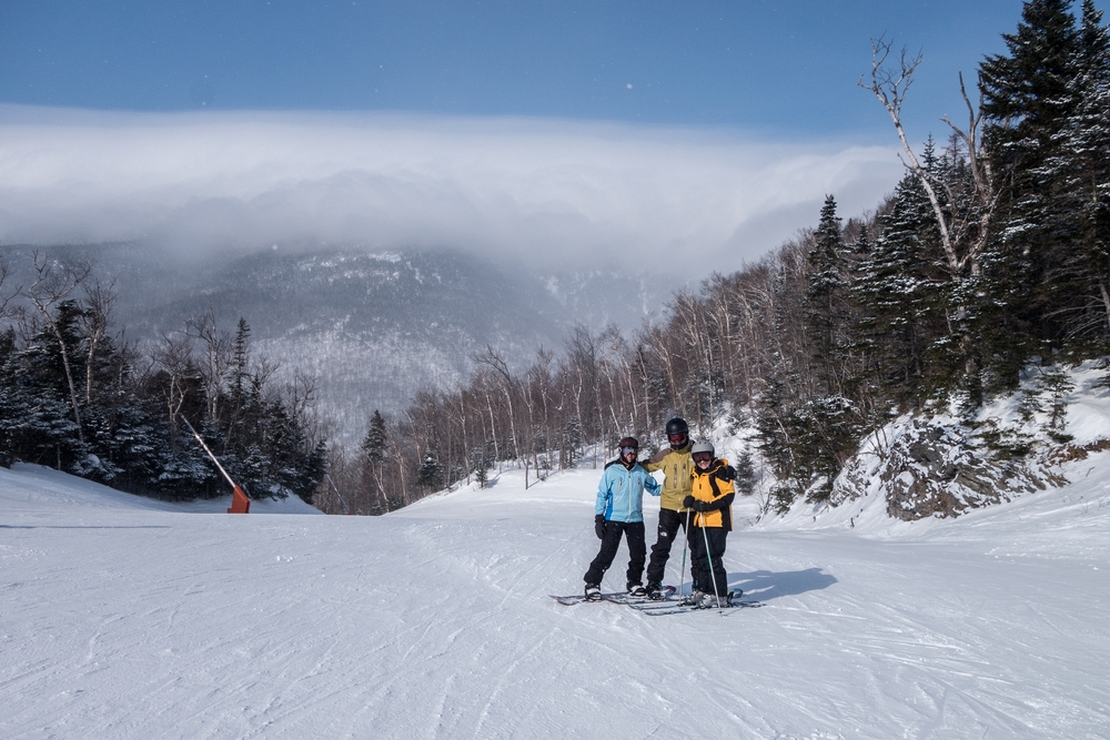 Melody, Sati, and Joyce at top of Sunny Spruce lift.<br />Feb. 19, 2015 - Stowe, Vermont