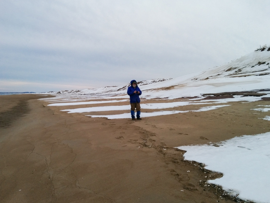 Egils taking a photo of Joyce.<br />The first 40+ degree day since Jan. 19.<br />March 4, 2015 - Parker River National Wildlife Refuge, Plum Island, Massachusetts.